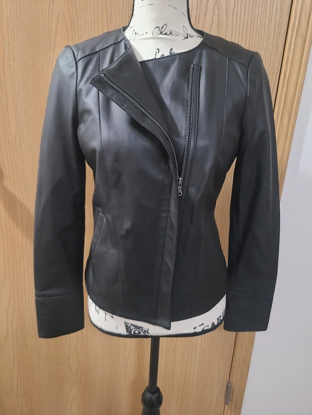Ecru Black Lamb Leather Bikercore Mobwife Moto Jacket Zipper Blazer - Picture 1 of 6